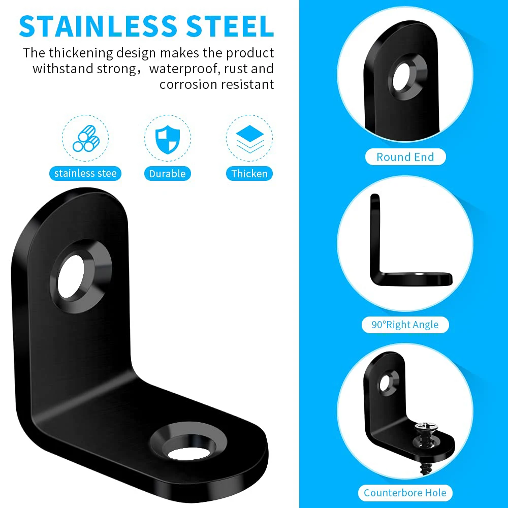 40/20 PCS Black Stainless Steel L Shaped Bracket 90 Degree Right Angle Corner Brackets with Screw for DIY Wood Furniture Cabinet