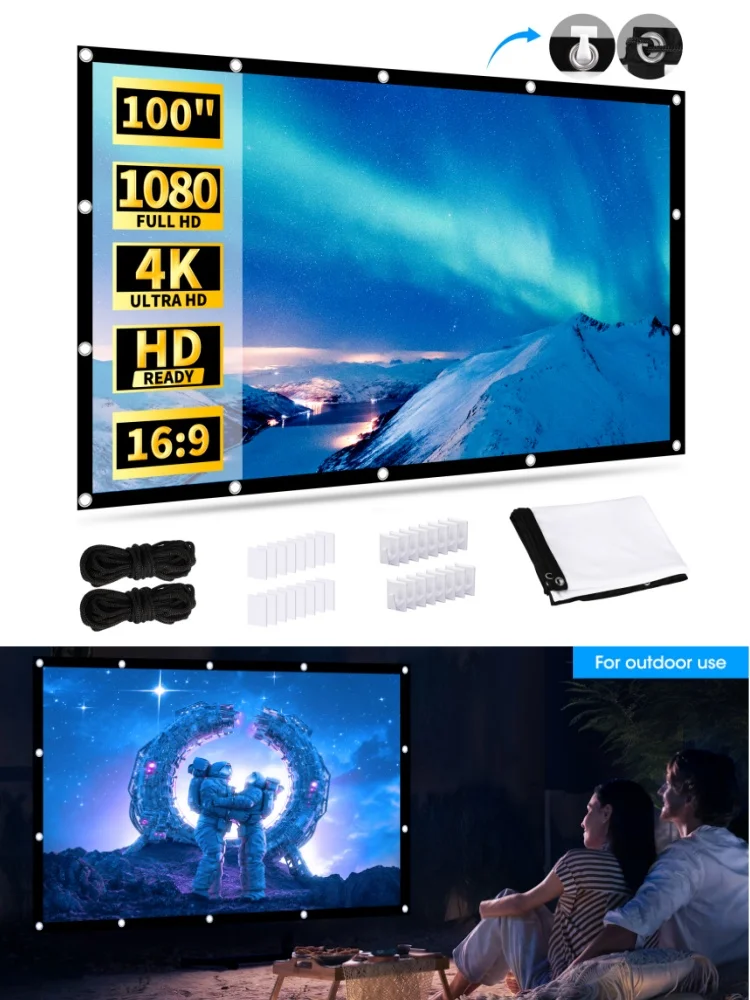 Projektorleinwand, 100-Zoll-Projektionsleinwand, 16:9 HD, faltbare Projektionsleinwand, 221 x 125 cm, tragbare Leinwand für Zuhause, Schule, Besprechungen