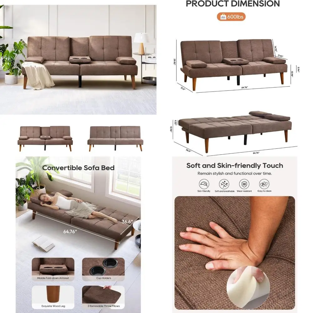 Sofá cama convertible de tela de 65 pulgadas con portavasos dobles, patas de madera, cómodo sofá cama para sala de estar
