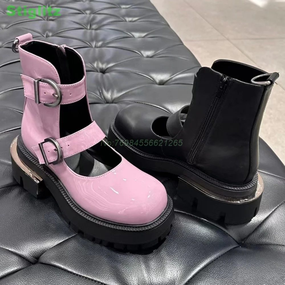 Thick Punk Ankle Boots Belt Buckle Metal Decoration Hollow Patent Leather Sweet Women Shoes Fashion Autumn Niche Splicing New