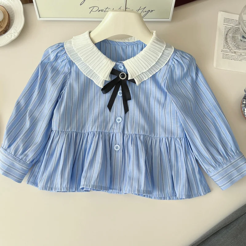 

Children's Outfit New Autumn Girls Korean Style Striped Shirt Stylish Pleated Skirt College Style Bow Two-Piece Set