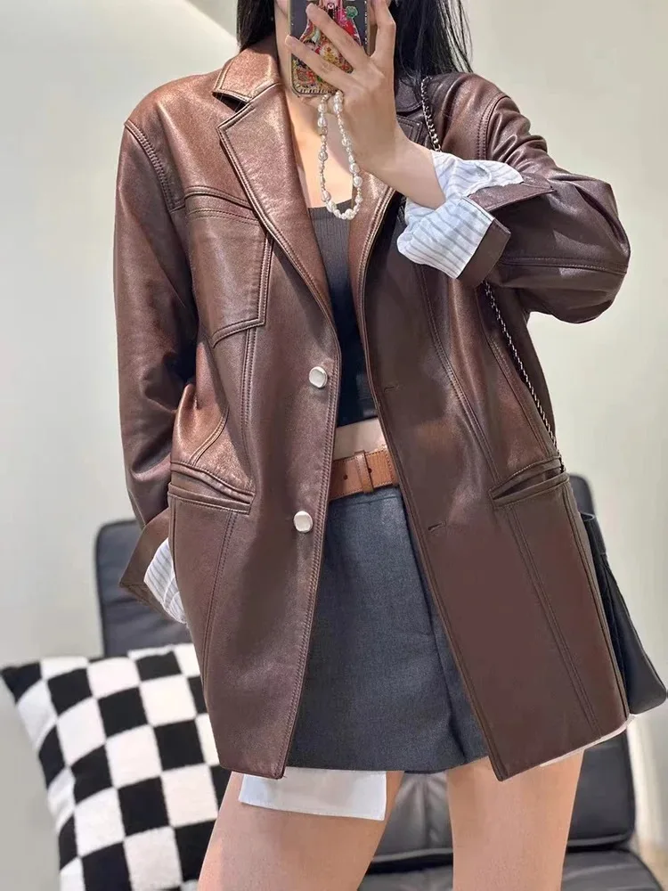 

Осенняя женская негабаритная куртка с поясом из натуральной кожи, женский костюм из 100% овчины в стиле ретро, бордовый, с широкими плечами, пальто, уличная одежда, Blaze