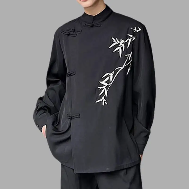 Fashion Men Chinese Embroidered Bamboo Shirt Plate Buckle Stand Neck Long Sleeve Streetwear Autumn Chic Loose Casual Blouse