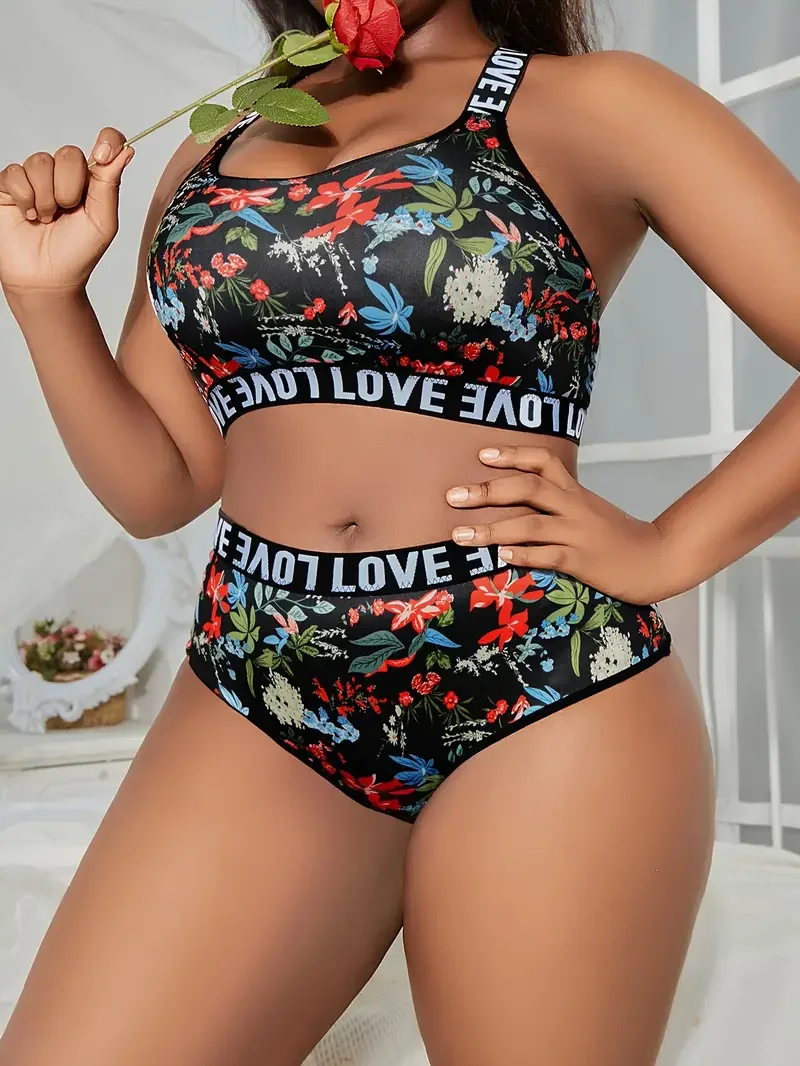 Plus Size Sexy Lingerie Set for Women, Floral Print, Letter Tape, Crisscross Back Bra and Panty, Sports, 2 Pcs Set