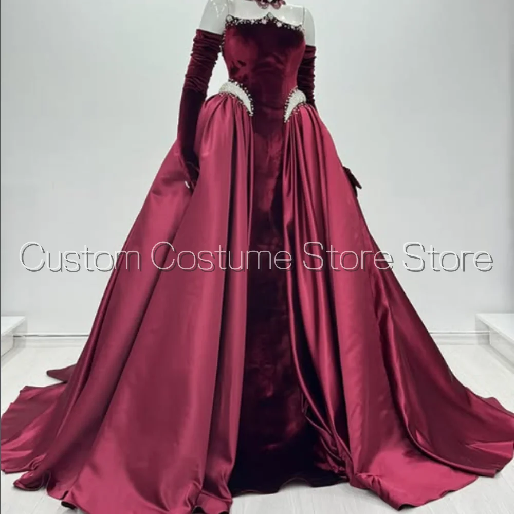 

Burgundy Glamour A-line Formal Evening Off Shoulder Velvet Pleated Satin Special Occasion Dresses Customized