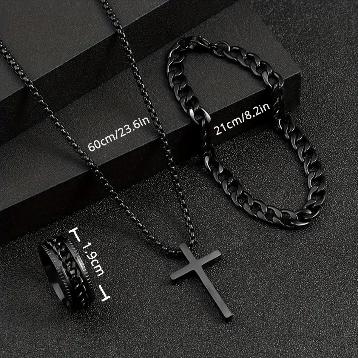 Men's 4PCS Watch Set Fashion Casual Black Resin Quartz Watch Free Necklace Bracelet Rings