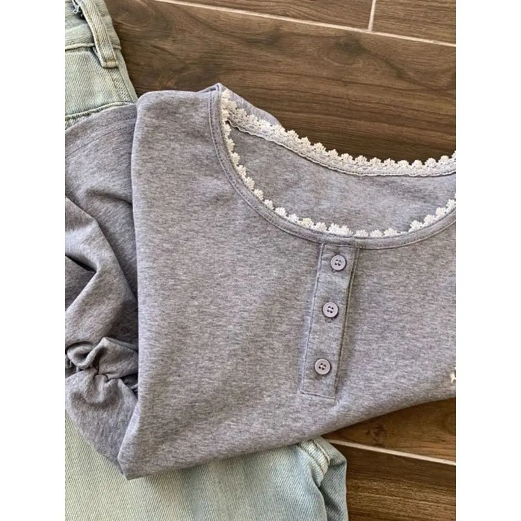 

Women's Cotton Grey T-shirt Short-Sleeved Lace Shoulder Pleated Waist All-match Bow Top for Summer