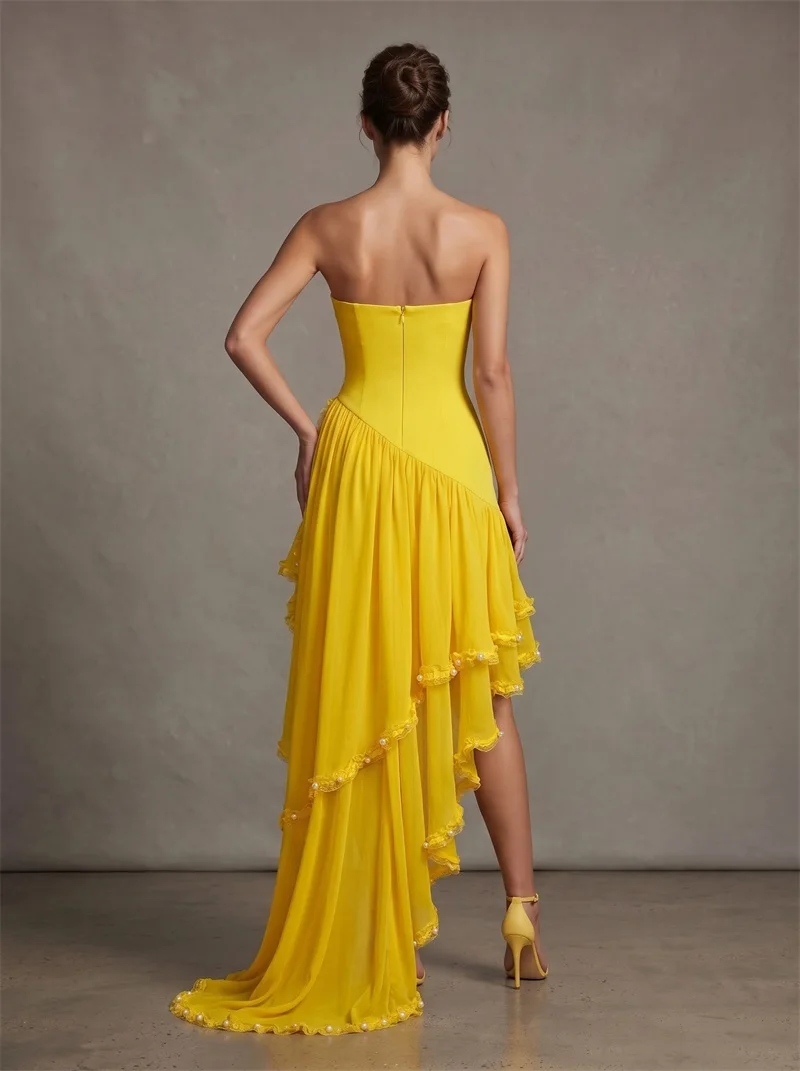 Pearls Yellow Prom Dress Sexy Strapless Sleeveless Ruffles Tiered Party Gown Long Formal Wedding Guest Birthday Evening Robe