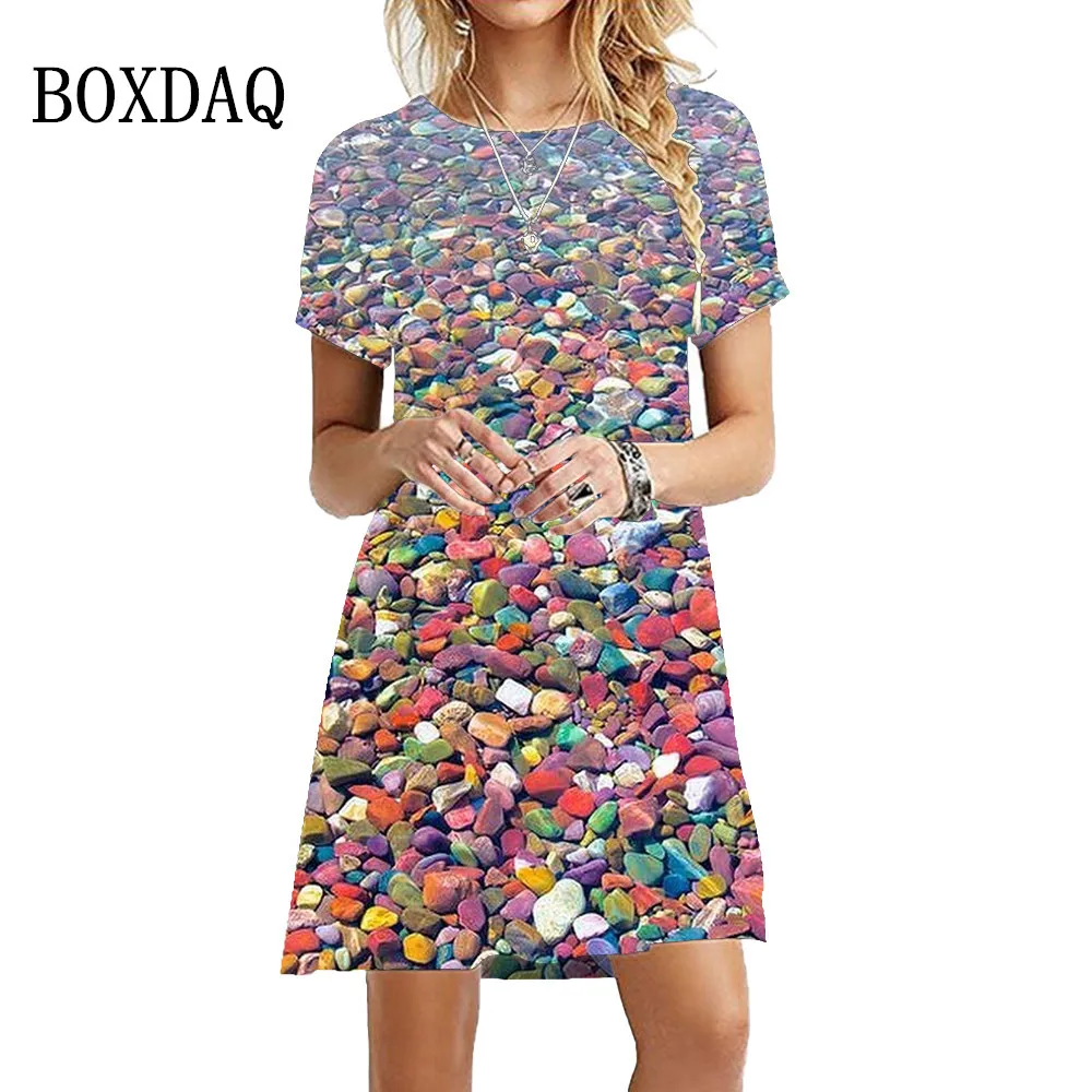 2023 New Summer Dresses Women Trend Short Sleeve Loose Clothing Beach Landscape Colorful Stones 3D Print Casual Oversized Dress