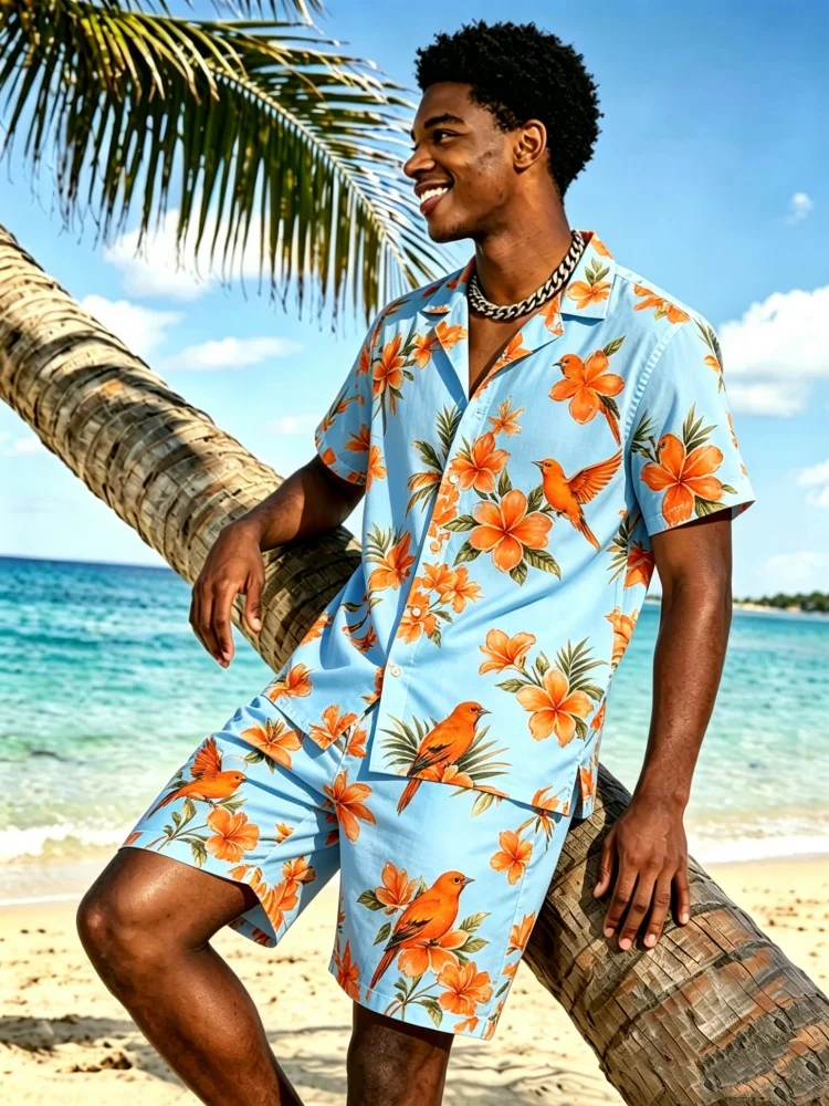 

Men's Short Sleeve Lapel Shirt & Shorts Set, Loose Comfort Tropical Bird & Floral Print Casual Summer Outfit