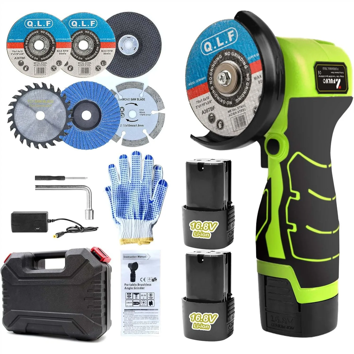 

Cordless Angle Grinder Kit with 2 Batteries and 6 Cutting Discs for Metal Wood