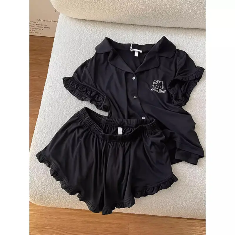 

Пижамные комплекты для маленьких девочек, модные топы с v-образным вырезом и лацканами с рюшами и однотонными шортами, одежда для сна из 2 предметов