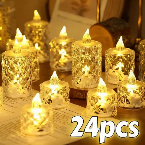 4-24pc Crystal Flameless LED Candles Battery Plastic TeaLight with Realistic Flame for Home Holiday Wedding Party Tabletop Decor
