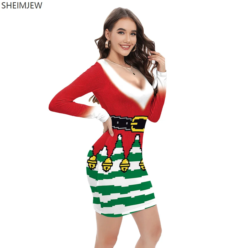 Xmas Snowflake A-line Dress Women Christmas Elements Print Sexy Hip Dresses Holiday Party Fancy Dress Christmas Creative Gifts