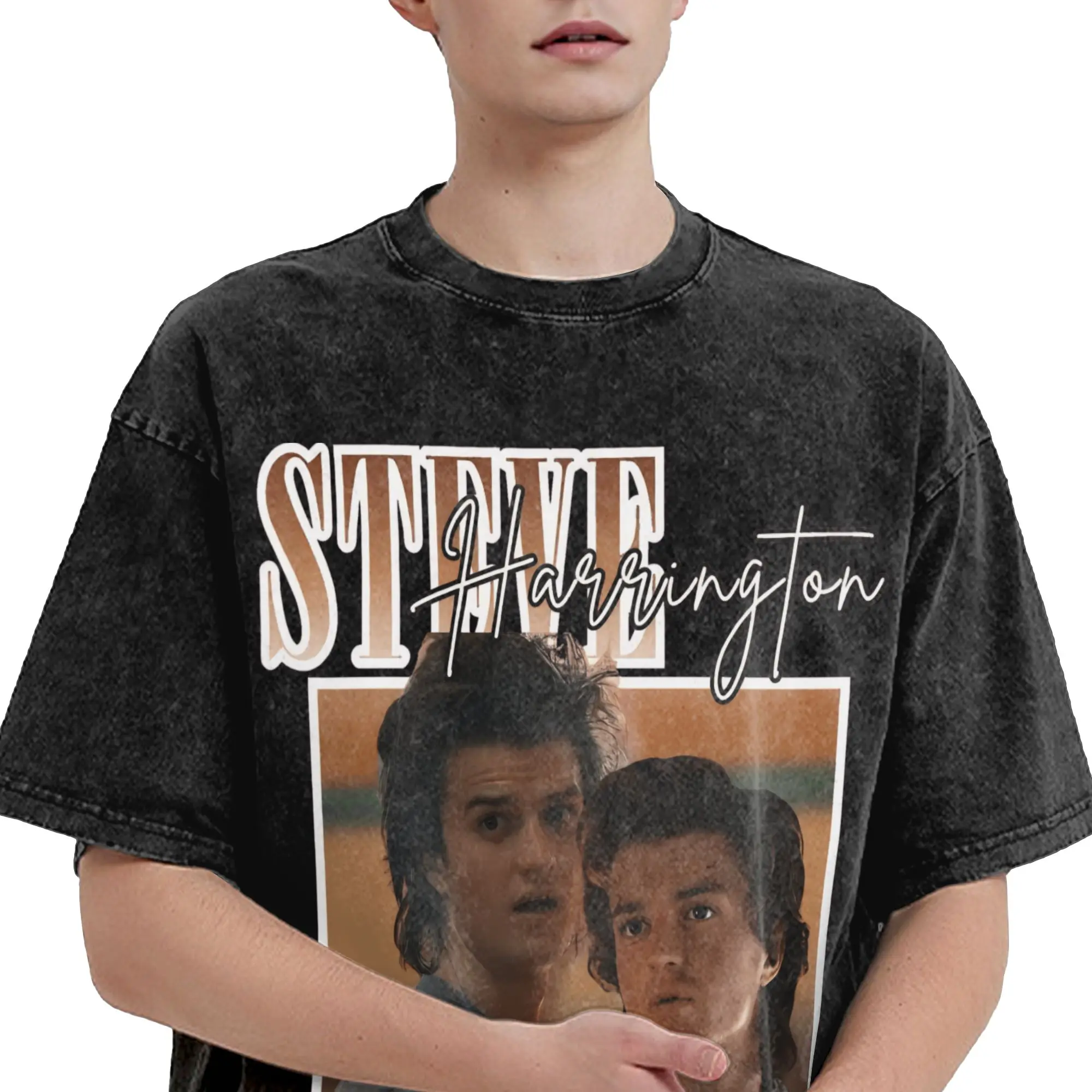 تي شيرت Streetwear Washed تي شيرت ستيف هارينجتون قطن تي شيرت عصري للرجال ملابس كاجوال جمالية صيفية