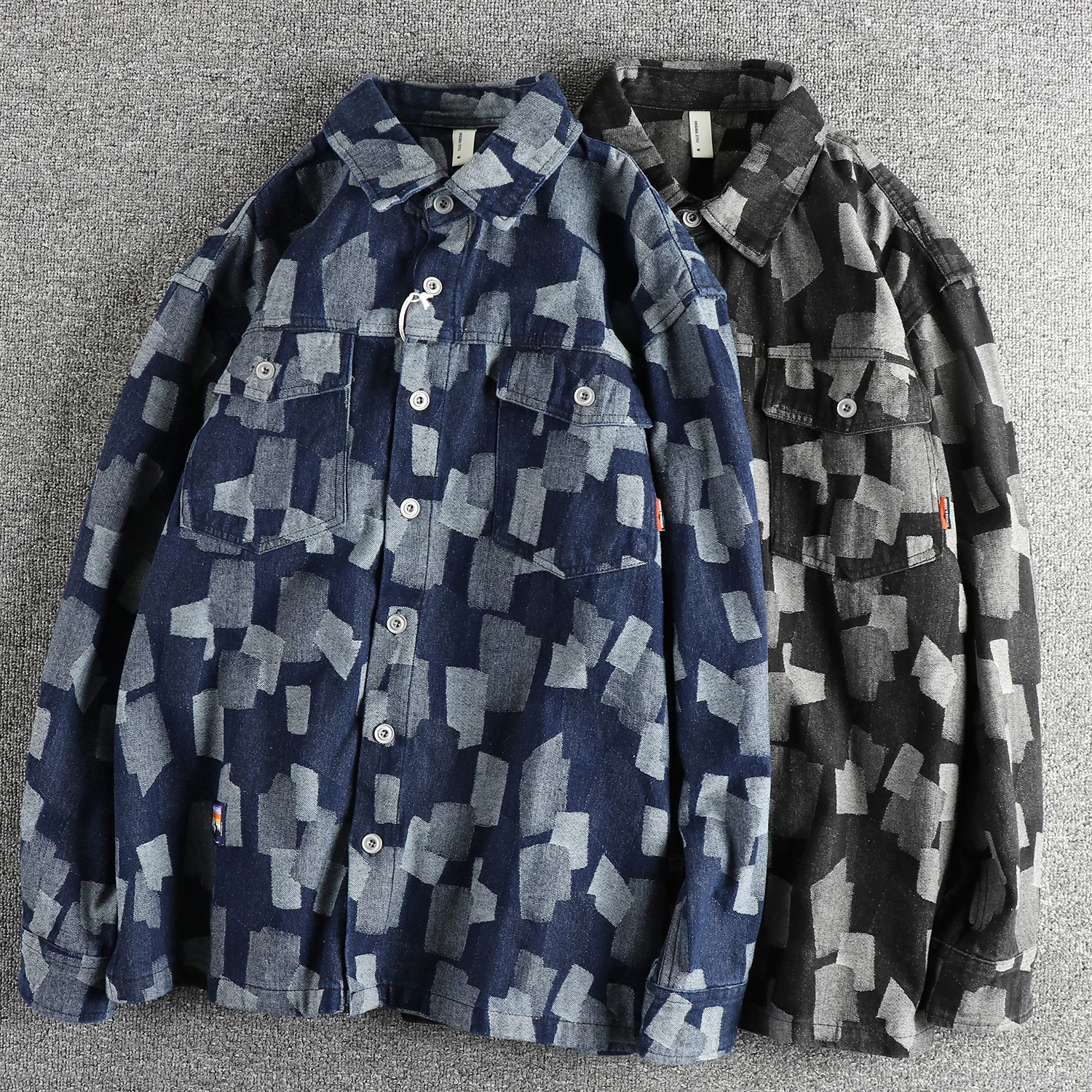 Men's retro new irregular plaid heavy denim shirt men's spring and autumn trend youth shirt small coat