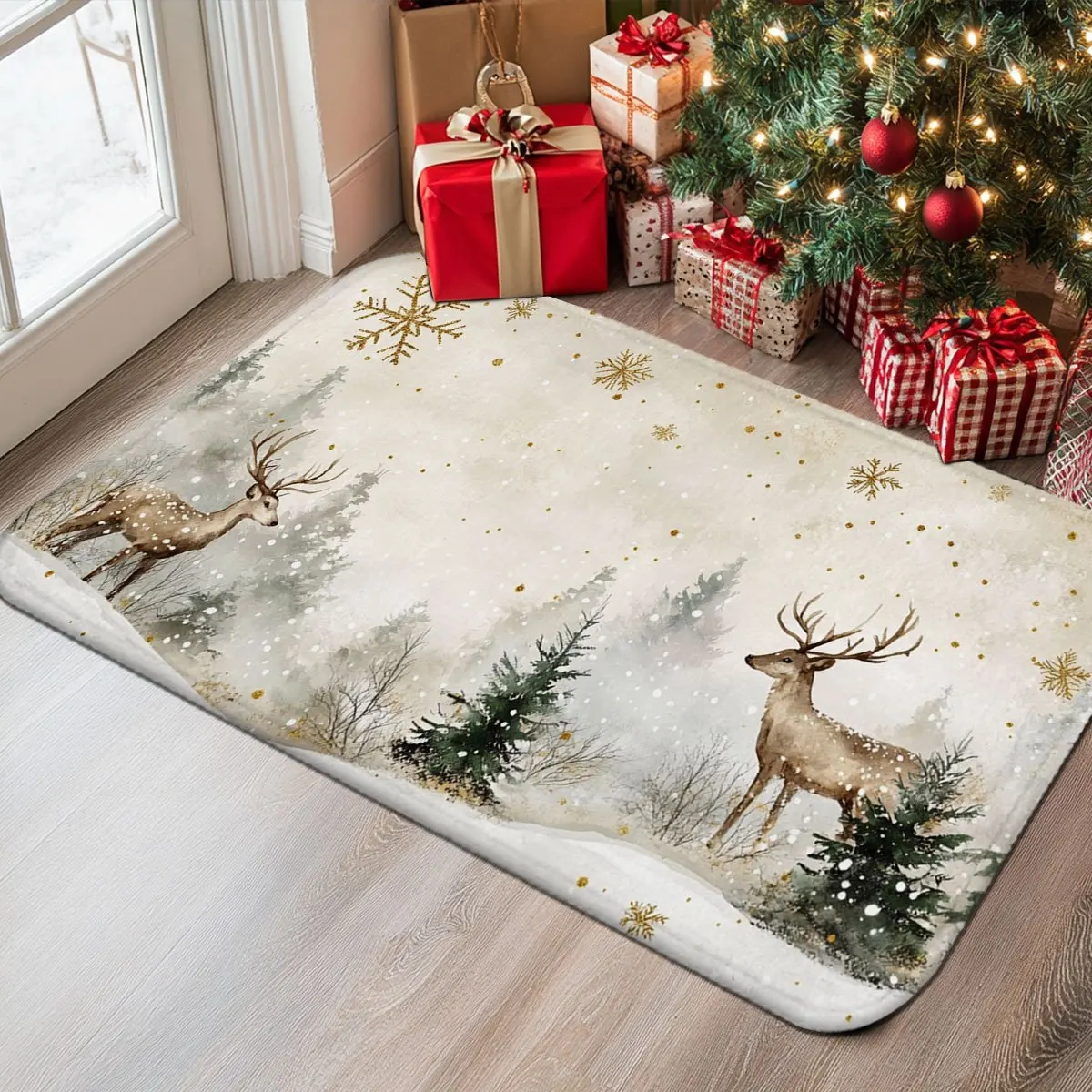 VIKAMA Set Christmas Kitchen Floor Mats Non Slip Washable Misty Forest Deer Snow Scene Runner Rug for Family Xmas Holiday Decor view 5