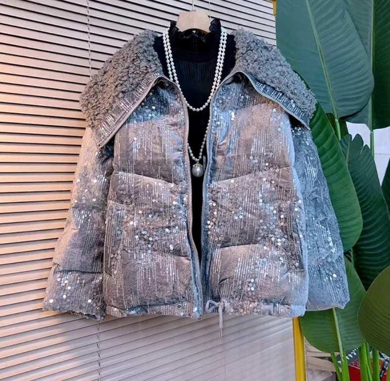 شتاء جديد كبير الحجم مطرزة المرأة الدافئة الفراء طوق سترة موضة تنوعا فضفاضة بسيطة سميكة الترفيه القطن معطف مبطّن #2