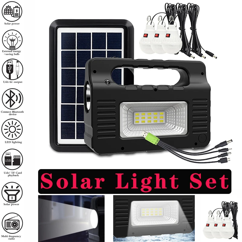 Solar Panel with 3pcs LED Bulbs Energy Storage Generator Kit for Home Camping Hiking Outdoor Portable Lighting with FM Radio