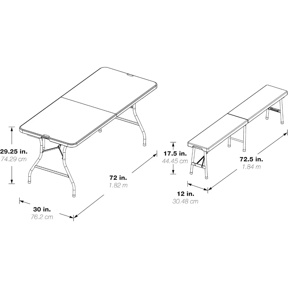 Móveis de resina para uso interno ou externo, conjunto de 3 peças, 2 bancos dobráveis e mesa de 6 pés