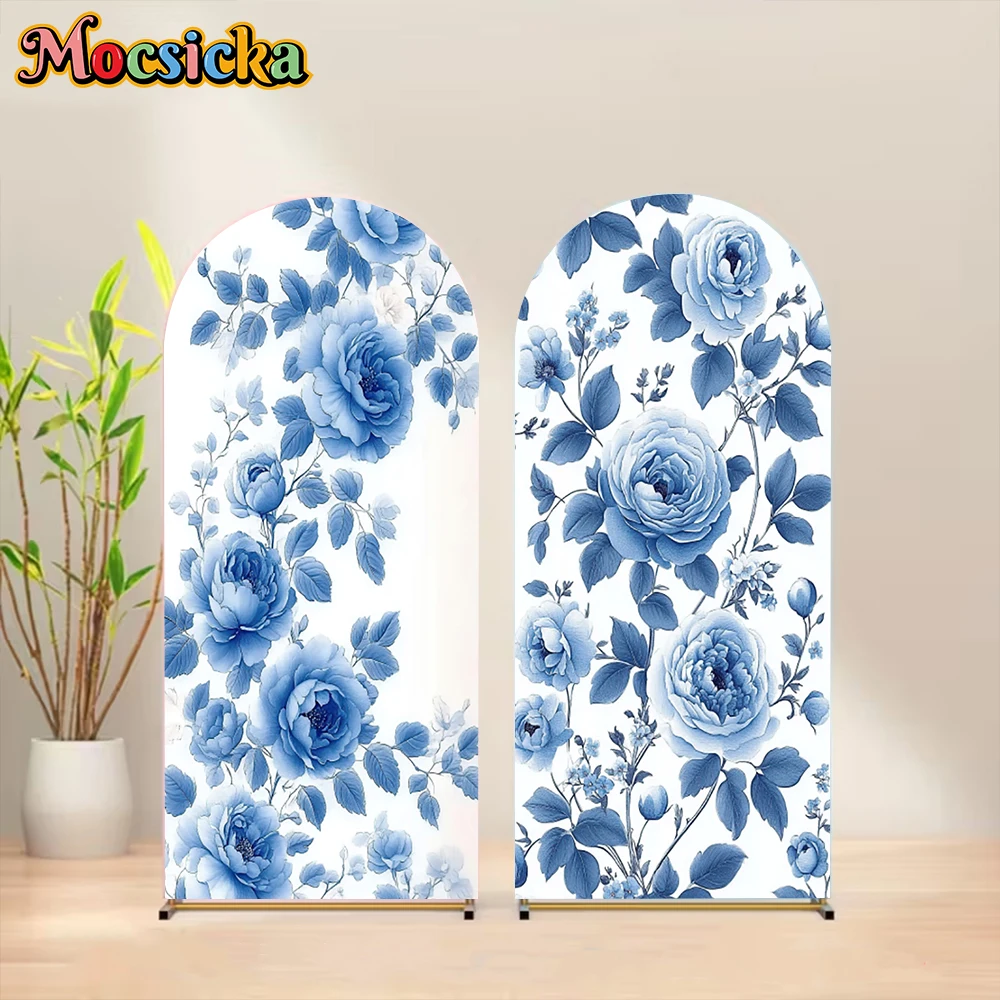

Mocsicka Blue Flowers Arch Backdrop Double-Sided Children Baby Shower Birthday Party Arched Covers Background Decor Studio Props