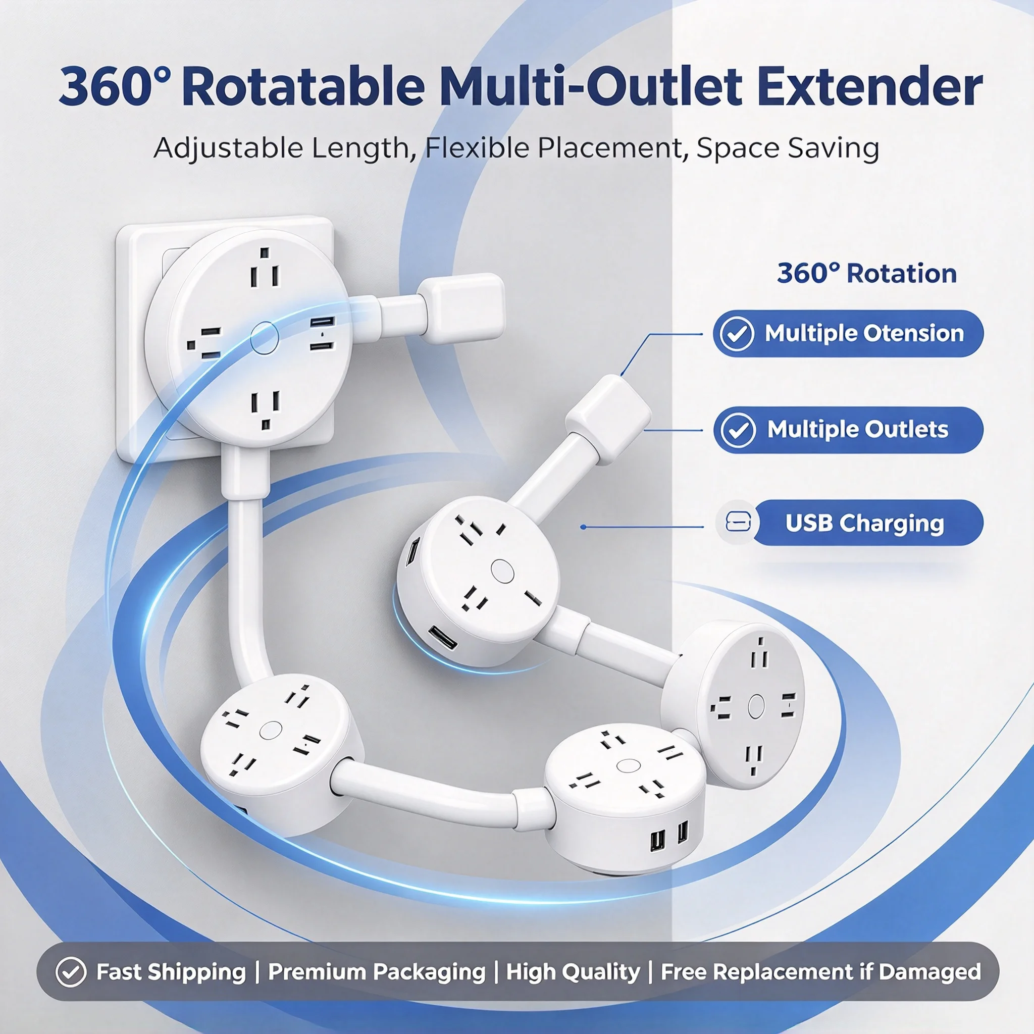 Rotatable Wall Plug Extender, Adjustable Length Multi-Outlet Socket Adapter, Space Saving Electrical Power Expander for Home Use