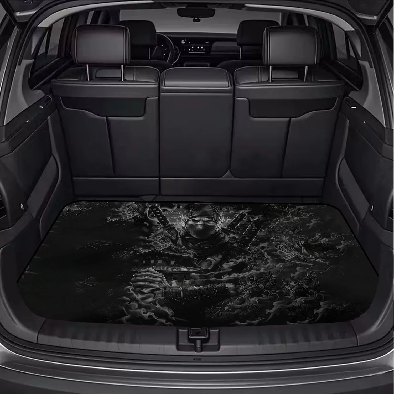 Car Trunk Mat, Dark Ninja Samurai Building Smoke Pattern Cargo Liner, Non-Slip Rear Trunk Protector, Car decor, Car Accessories, Interior Decoration Mat, Universal Fit For SUV Sedan Truck, Cool Black Samura