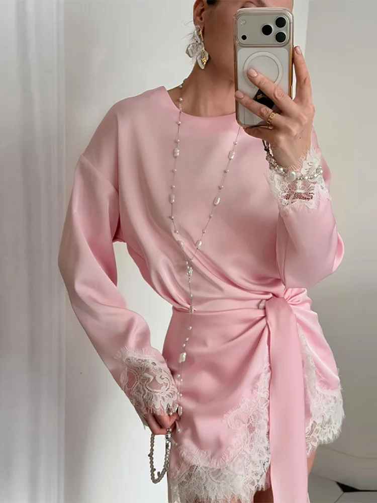 Women Satin Lace Patchwork Dress Long Sleeve O-neck Casual 2026 Spring Female Dresses Casual Solid Beach Robe not contain pearls image 4