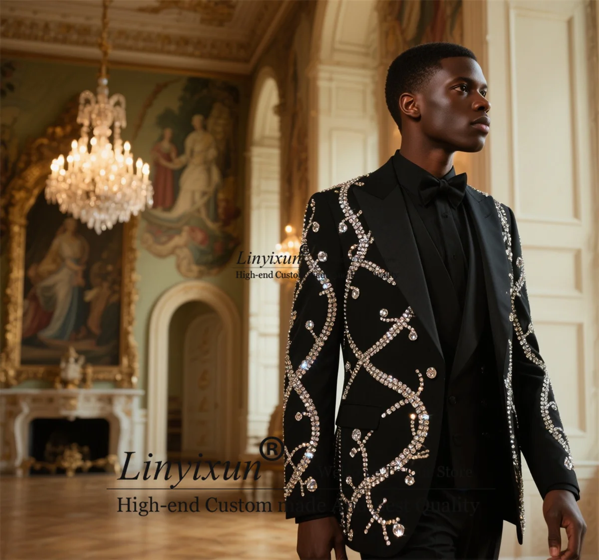 Sparkly Diamond Ornament Men Suit 3 Pieces Sets Groom Male Blazers Customized Wedding Tuxedos Formal Slim Fit Costume Homme