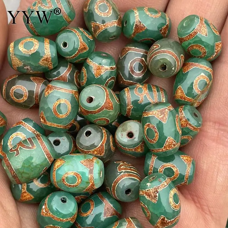 10pcs 10x14mm Green Natural Tibetan Agate Onyx Dzi Beads Two Eyes Pattern Stone For Jewelry Making Necklace Bracelet Accessories