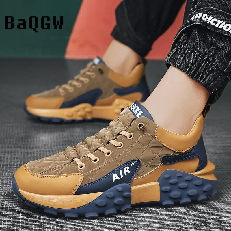 Chunky Sneakers Men Soft Sole Running Shoes Fashion Casual Leather Fabric Breathable Height Increased Flat Platform Board Shoes