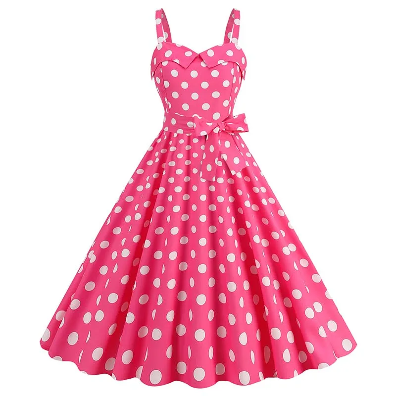 Women\'s Summer Dress Sexy Retro Pink Dot Plaid Spaghetti Strap Gown High Waist Party Clothes