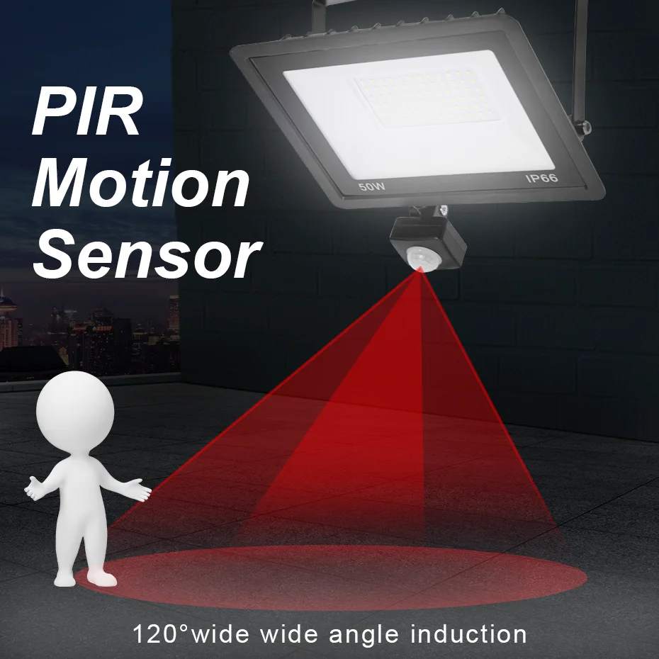 Luz de inundação impermeável com sensor de movimento PIR Floodlight, projetor refletor, holofote ao ar livre, 150W, 100W, 50W, 30W, CA 200-240V