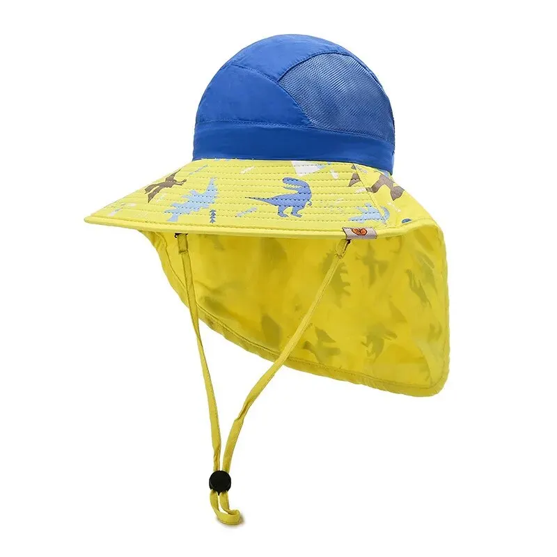 Children\'s New Outdoor Sunshade Sunscreen Bucket Hat, Boys & Girls Print Breathable Face Hat, Dinosaur Beach Hat