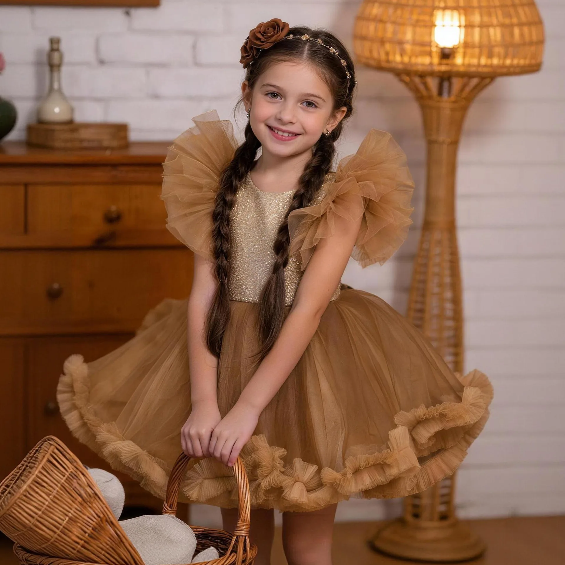 

Elegant Party Dresses For Girls Flying Sleeve Mesh Princess Dress For Children Formal Evening Birthday Prom Puffy Ball Gown