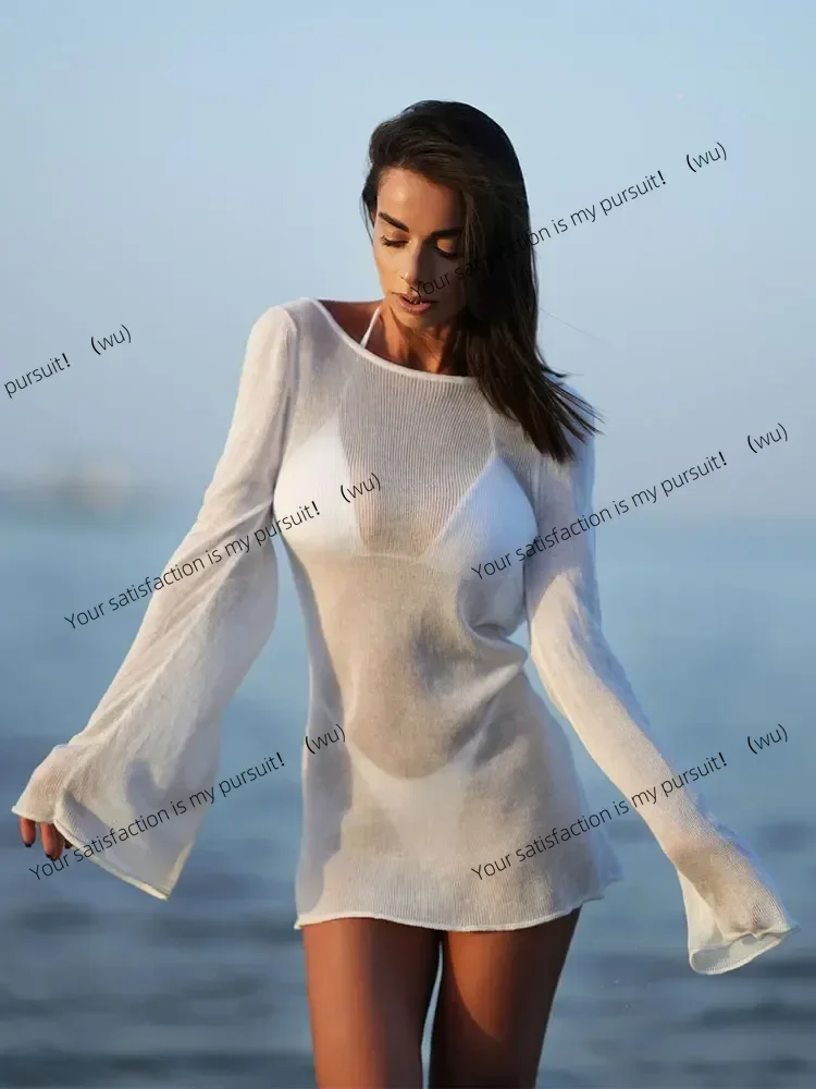 Sommer-Minikleid für Damen am Meer, solides Strick-Minikleid, 2025, sexy, rückenfrei, Glockenärmel, durchsichtig, kurzes Kleid, Strand-Badeanzug, Vertuschung, K98