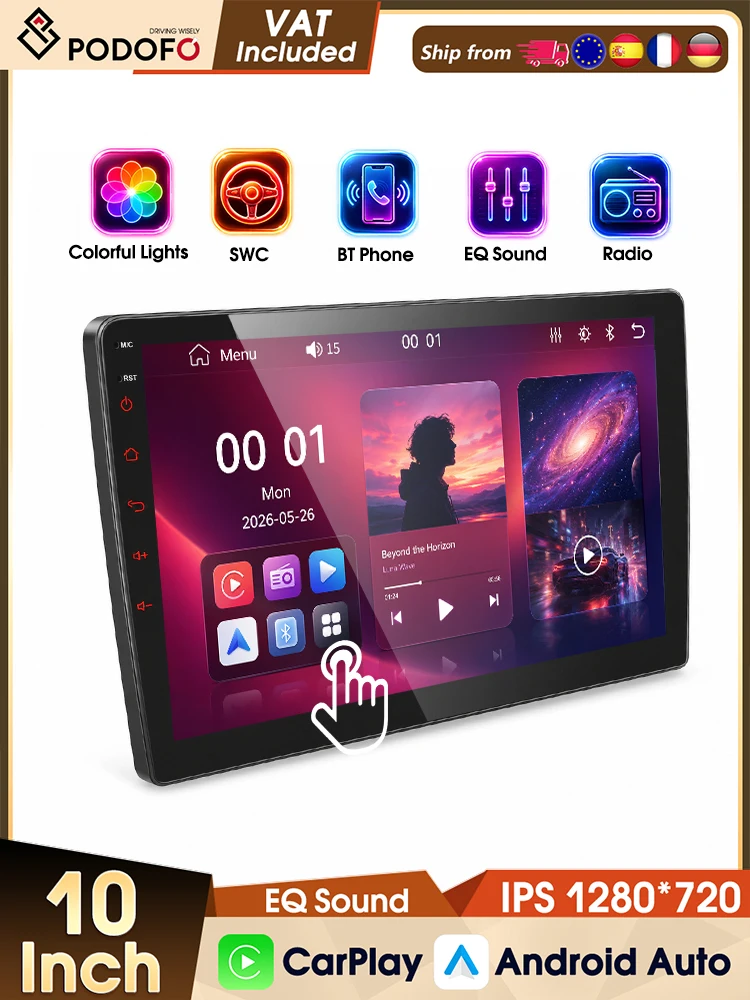 Podofo Universal 10" Auto-MP5-Player, kabelloses CarPlay, Android Auto, Autoradio, Bluetooth, FM, EQ, IPS-Bildschirm, USB, intelligente Systeme