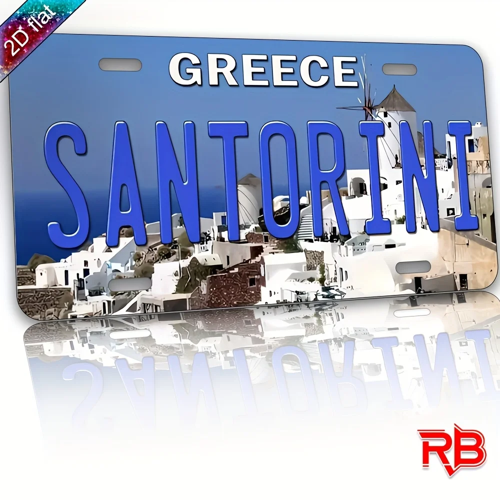 2D Flat Metal Sign - Santorini, Greece, UV Printed Indoor/Outdoor Decor for Home, Cafe, Restaurant, Garage, 30.0X14.99 cm, Cafe