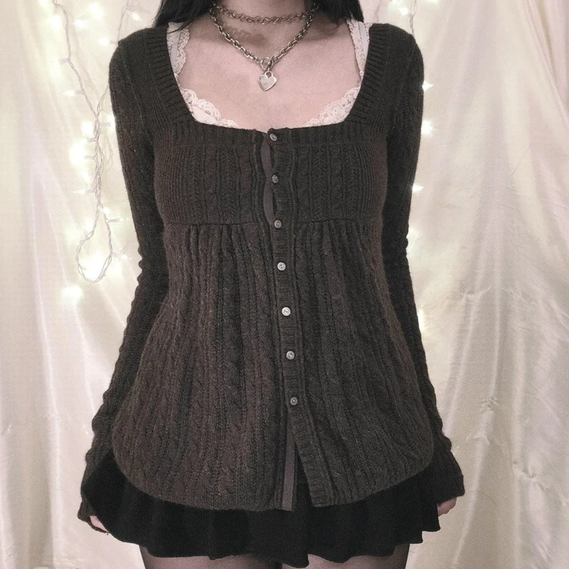 00s estética kawaii malhas camiseta roupas femininas coquette grunge y2k 00s camisola vintage único breasted manga longa cardigan