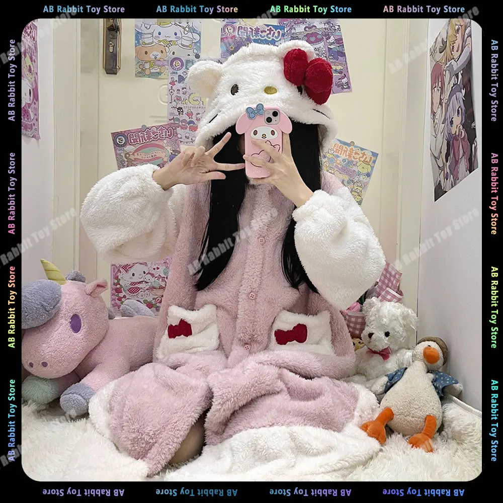 Sanrio Hello Kitty Pigiama Cartoon Flanella Abito da notte Autunno Inverno Donna Camicie da notte Casa Camicia da notte Vestiti Abito caldo Pigiama Regalo