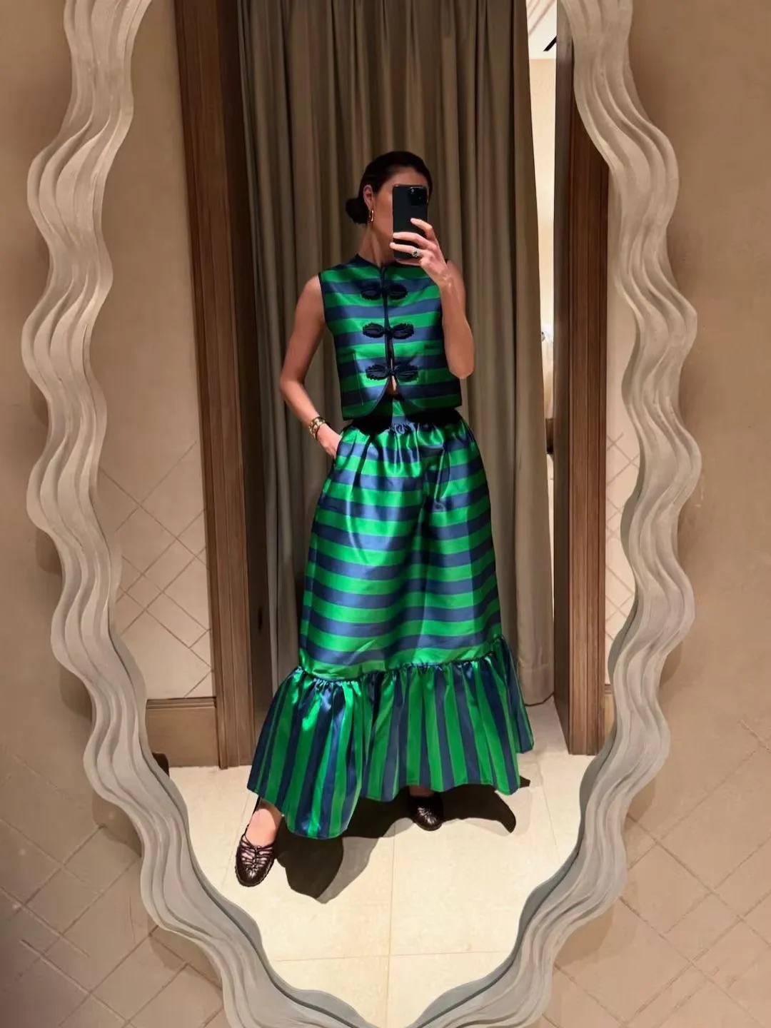 

2025 New Women Blue and Green Striped Set Chinese Knot Round Neck Vest + High Waist A-Line Long Skirt Elegant Female Suits