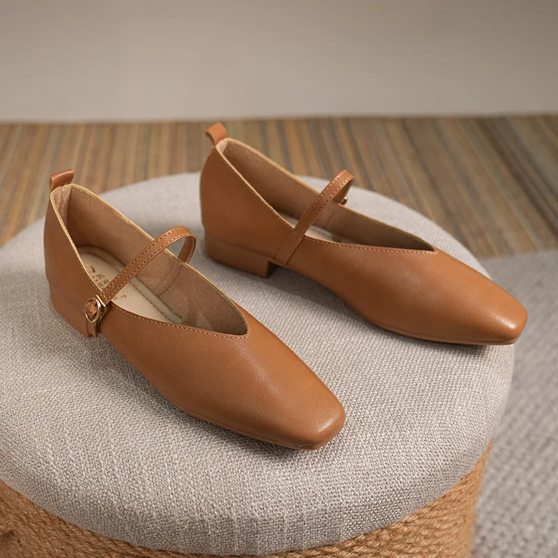 Kobieta Wiosna Casual Square Toe Low Soft Soled Shoes Lolita Ballerina Red Flats Female Elegant French Retro Buckle Mary Janes