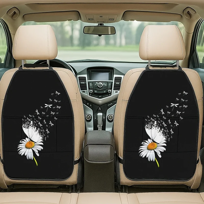 Universal Car Seat Back Covers With Storage Pockets, Daisy Dragonfly Art Print For Car Interior Decoration