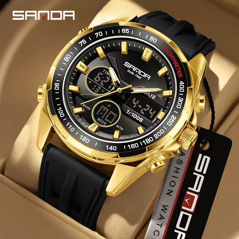 

SANDA 6281 men's sports watch 5ATM waterproof night light alarm clock with snooze function 12/24-hour synchronized Sunday date