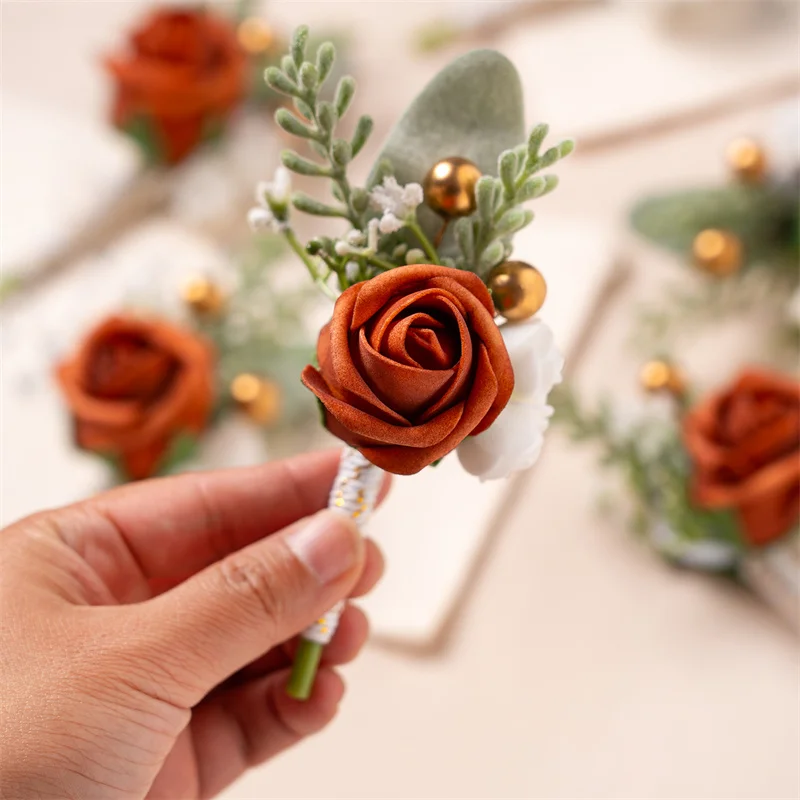 Burnt Orange Boutonniere Groom Best Man Groomsmen Artificial Flowers for Wedding Ceremony Fall Vintage Rustic Marriage Prom