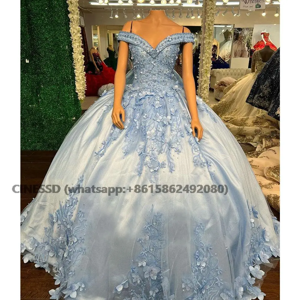 Vestido De baile De quinceañera con hombros descubiertos, azul claro, sin mangas, apliques florales, encaje, hecho a mano, 15 y 16 años