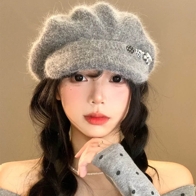 Retro Ladies' Literary Knit Hat Winter Warm Fleece Beret Versatile Windproof Outdoor Decorative Hat Unique Gray Y2k Button Cap
