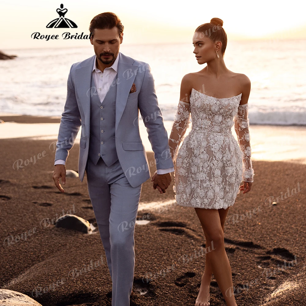Strapless 3D Floral Beaded Mesh Mini Wedding Dress with Detachable Off-the-Shoulder Sleeves Customized Bridal Gown
