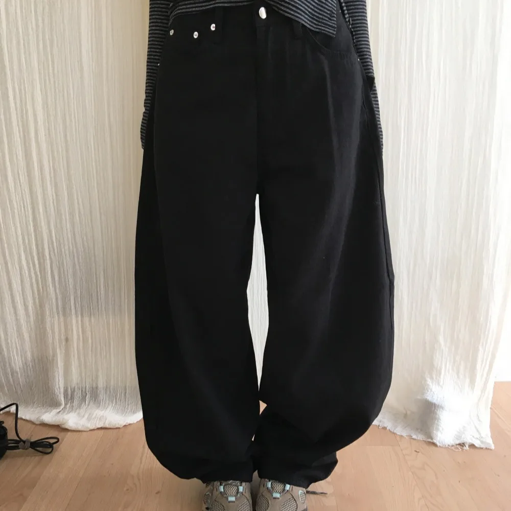 Chic Korean Style High Waist Wide Leg Denim Jeans Women's Cross Waist Knife  Black Long Pants Asymmetrical Casual Jeans