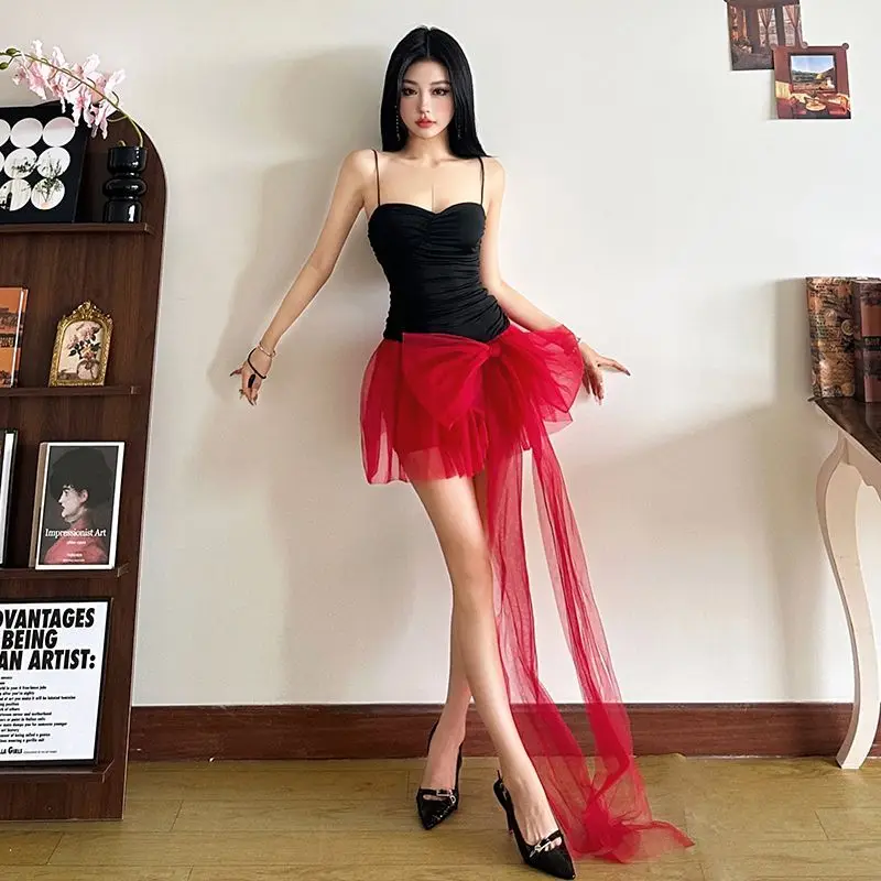 Korejepo French Sexy Dresses Ballet Stack Pleated Contrasting Mesh Bow Streamer Suspender Dress Women Goddess Gentle Vestido